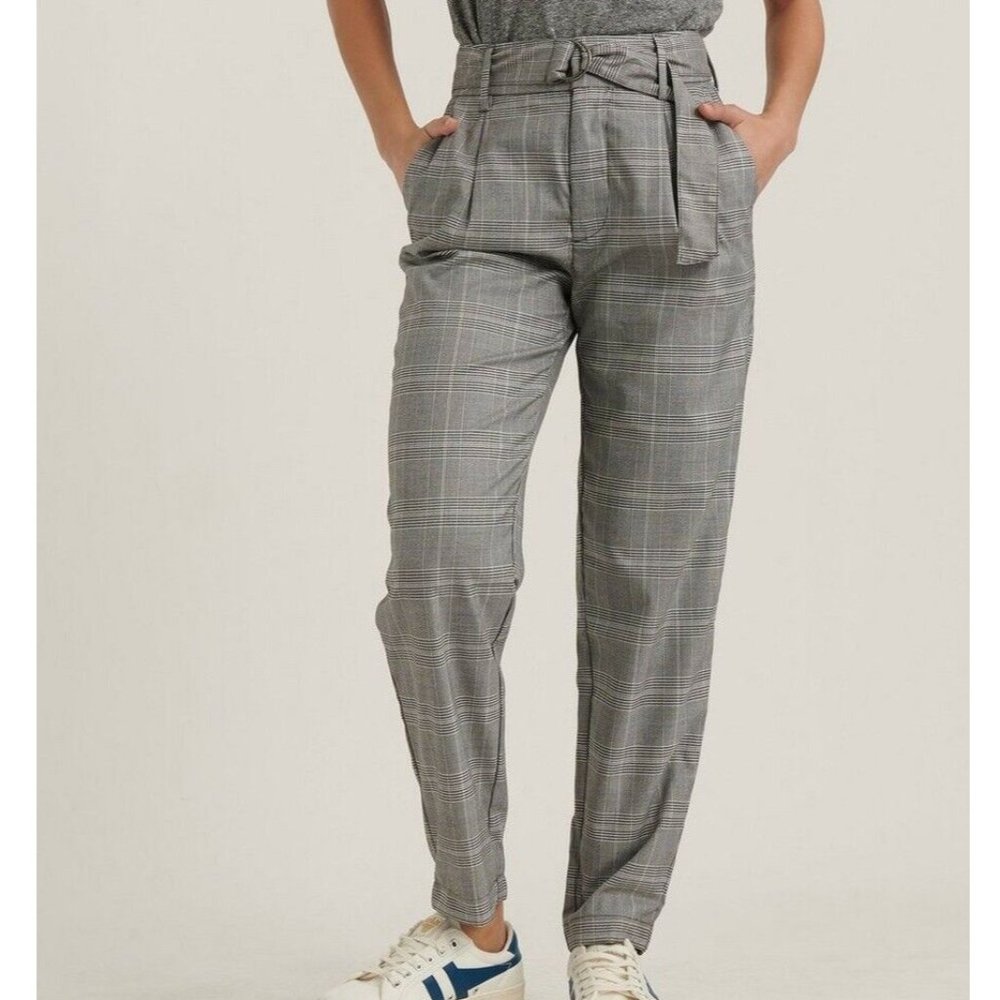Lucky Brand Womens Size 12 31W Plaid Austin Pants  Belted Black White High Rise